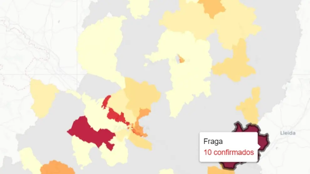 Mapa de nuevos contagios de covid, donde destaca la zona de salud de Fraga