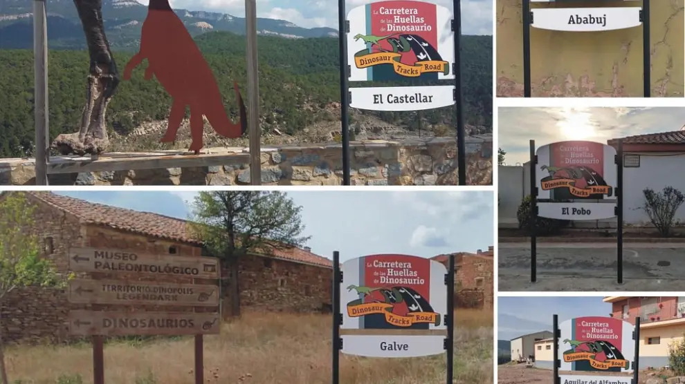 Algunas de las señales instaladas en los municipios por los que pasa la Carretera de las Huellas de Dinosaurio.