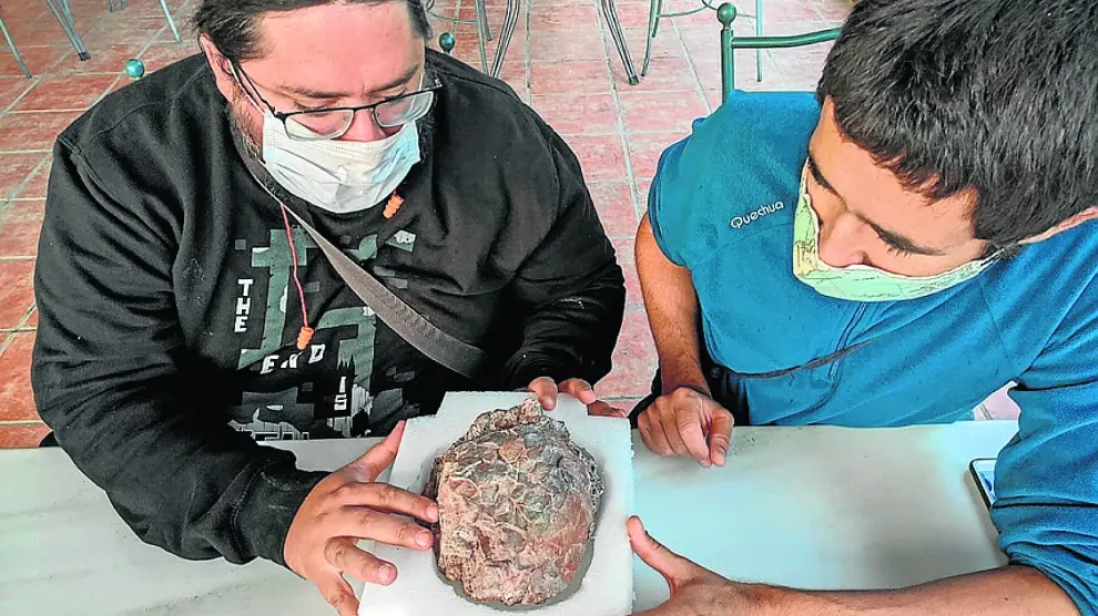 Paleontólogos observan los fósiles de huevo de dinosaurio encontrados en el yacimiento.