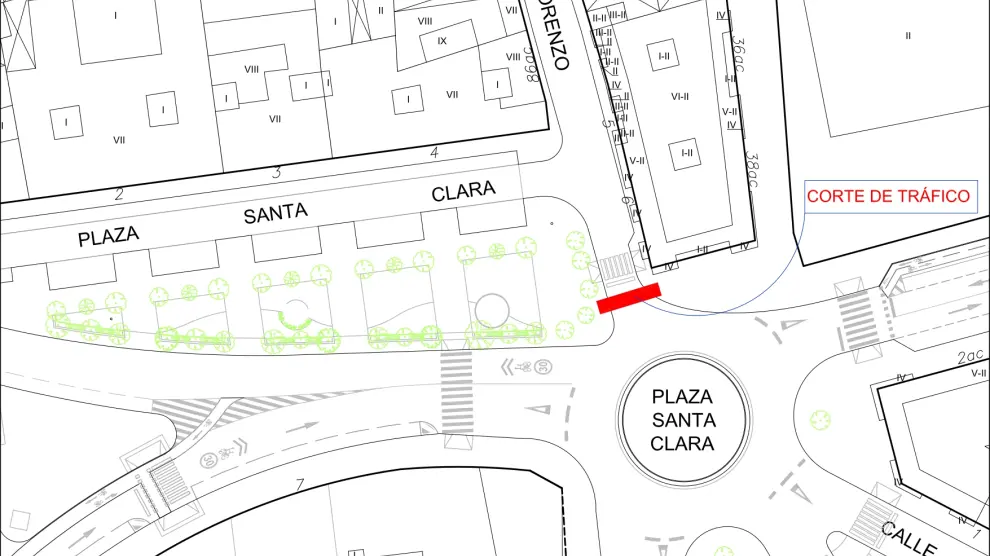 Plano que muestra el punto en el que se procederá el corte al tráfico en la calle San Lorenzo.
