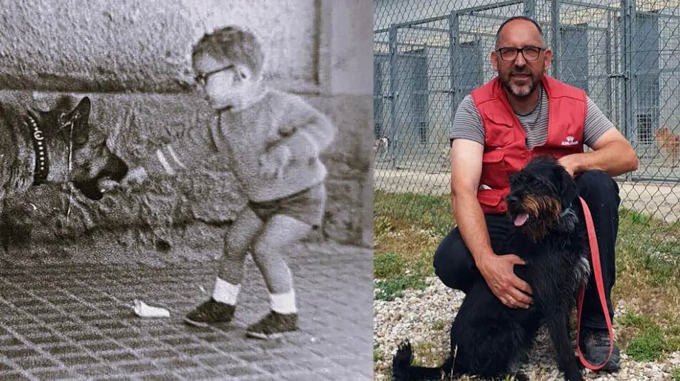 Miguel Yzuel en sendas imágenes, de niño y en la actualidad, acompañado de un perro.