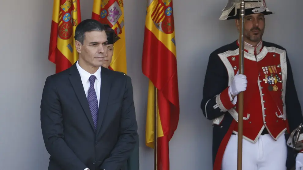 El presidente del Gobierno, Pedro Sánchez, este jueves en el desfile del Día de la Fiesta Nacional en Madrid.