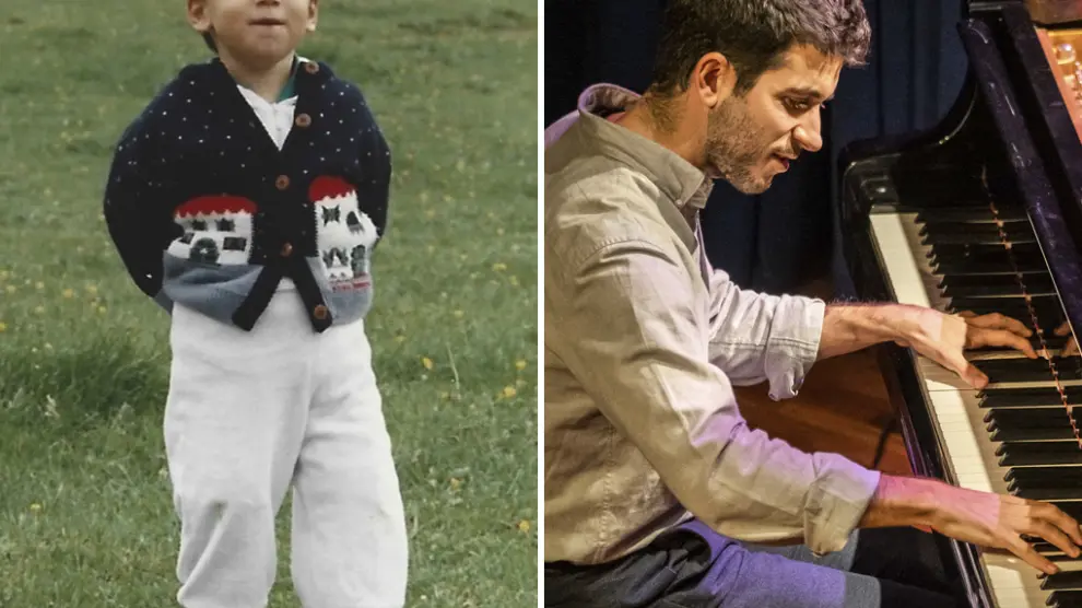 Alejandro Esperanza en una imagen de niño y otro en la actualidad tocando el piano.
