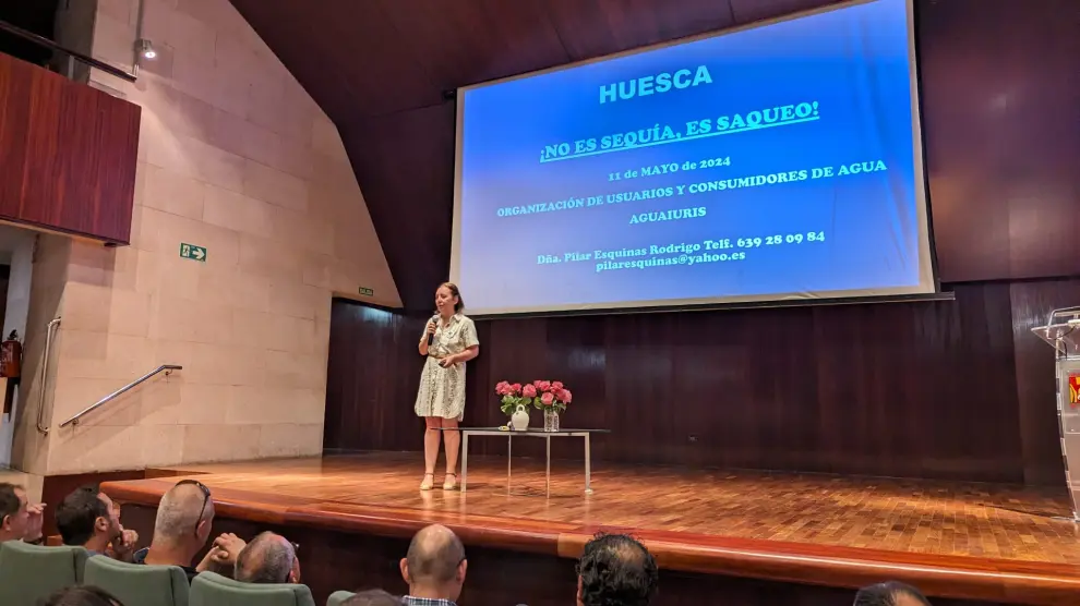 La abogada Pilar Esquinas durante la conferencia “No es Sequía, es Saqueo”, en la Diputación Provincial de Huesca.