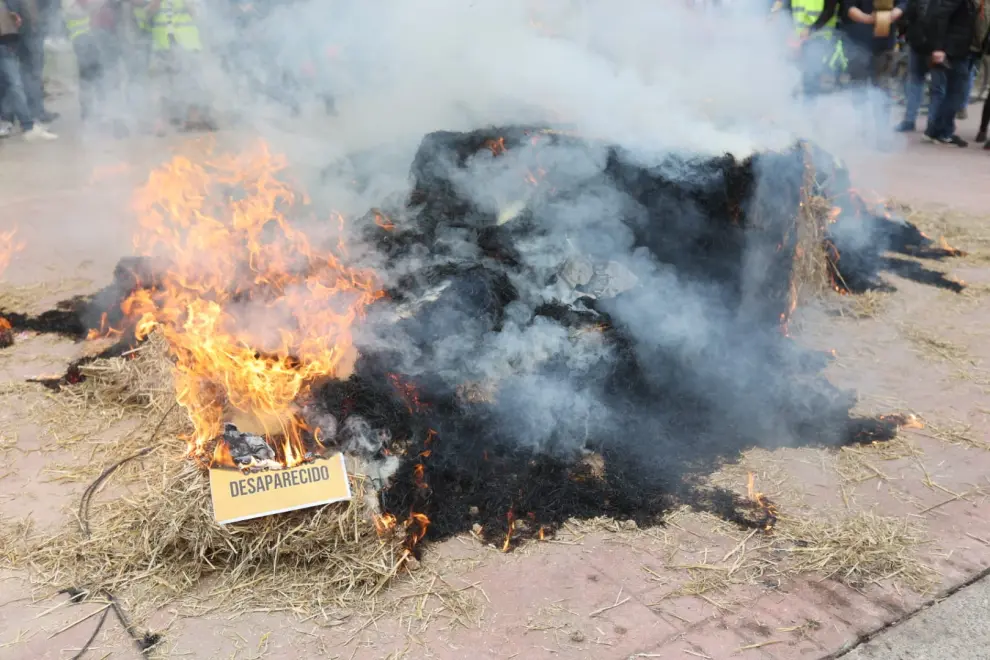 Los manifestantes han quemado una paca ante la Subdelegación del Gobierno y han hecho ruido con esquillas.