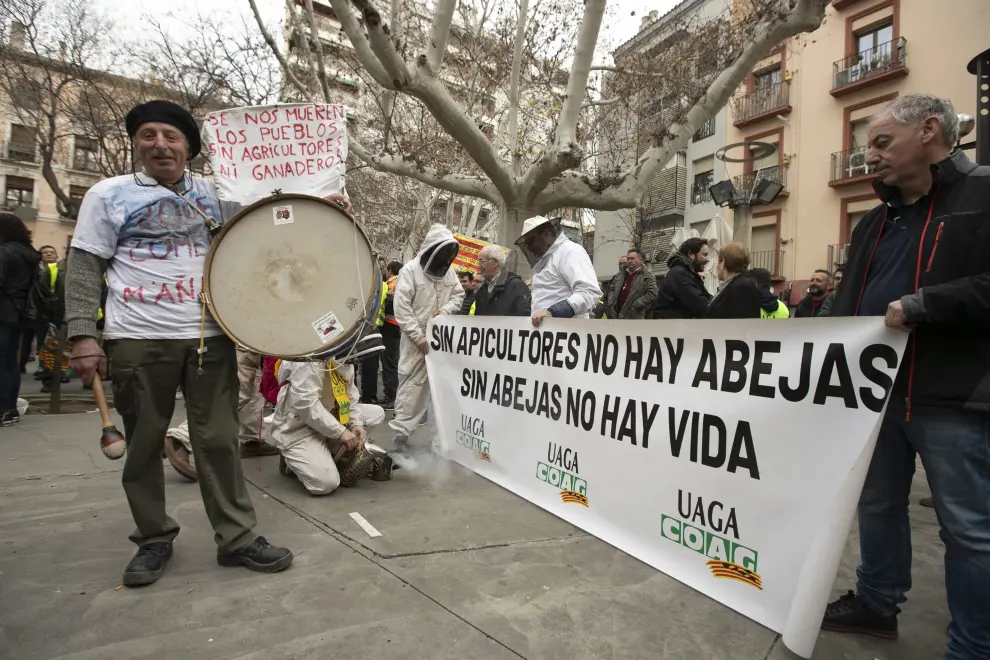 Agricultores protestan este jueves en Zaragoza ante la consejería de Agricultura.