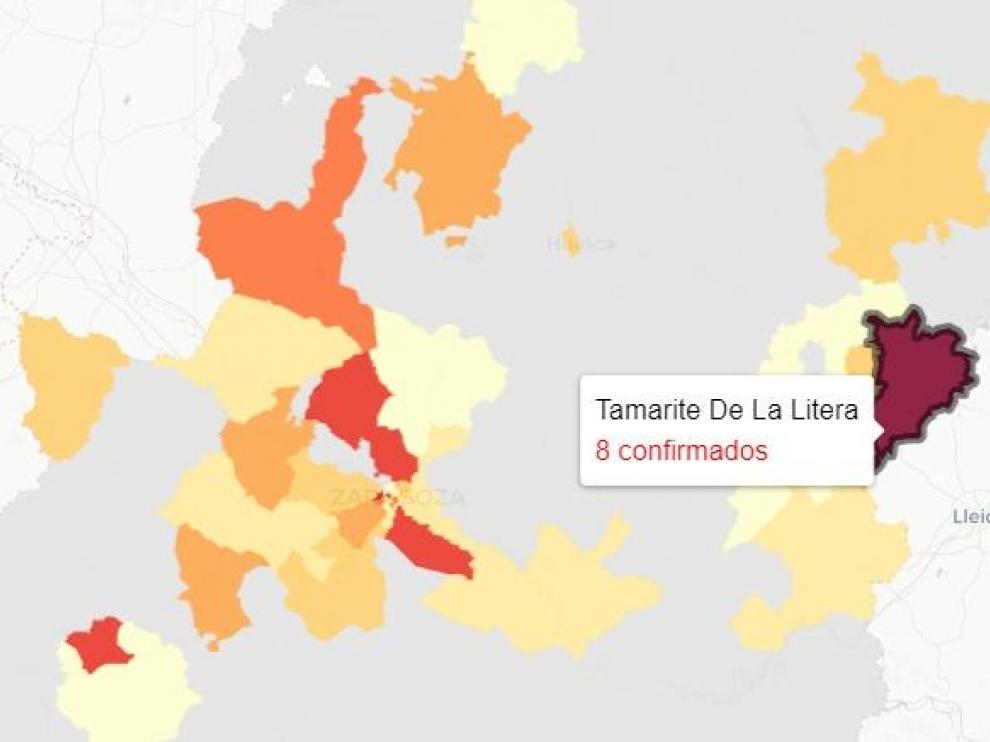 Mapa con los datos de covid publicados este viernes por el Gobierno de Aragón.