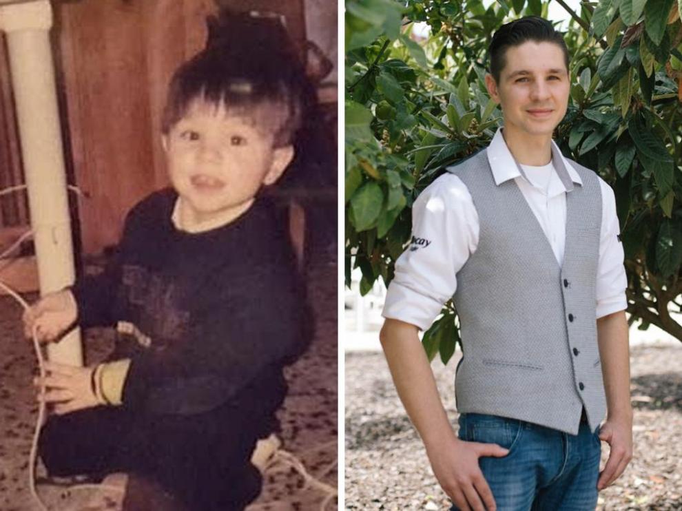 Dos imágenes de Dani, de niño jugando y en la actualidad.