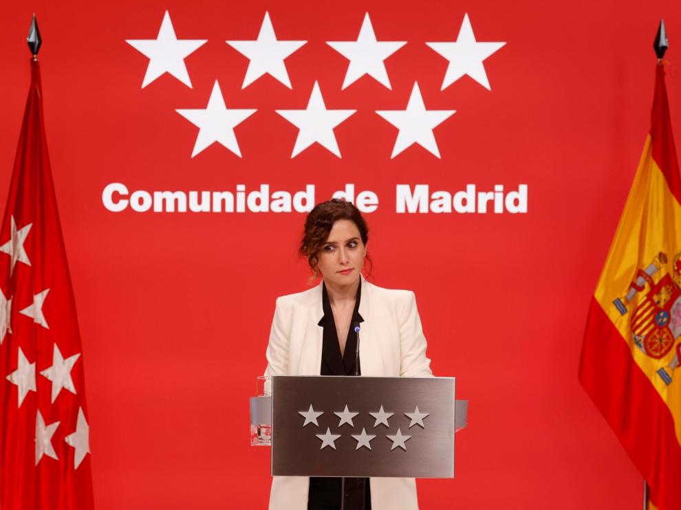Isabel Díaz Ayuso durante la rueda de prensa que ofreció el pasado jueves