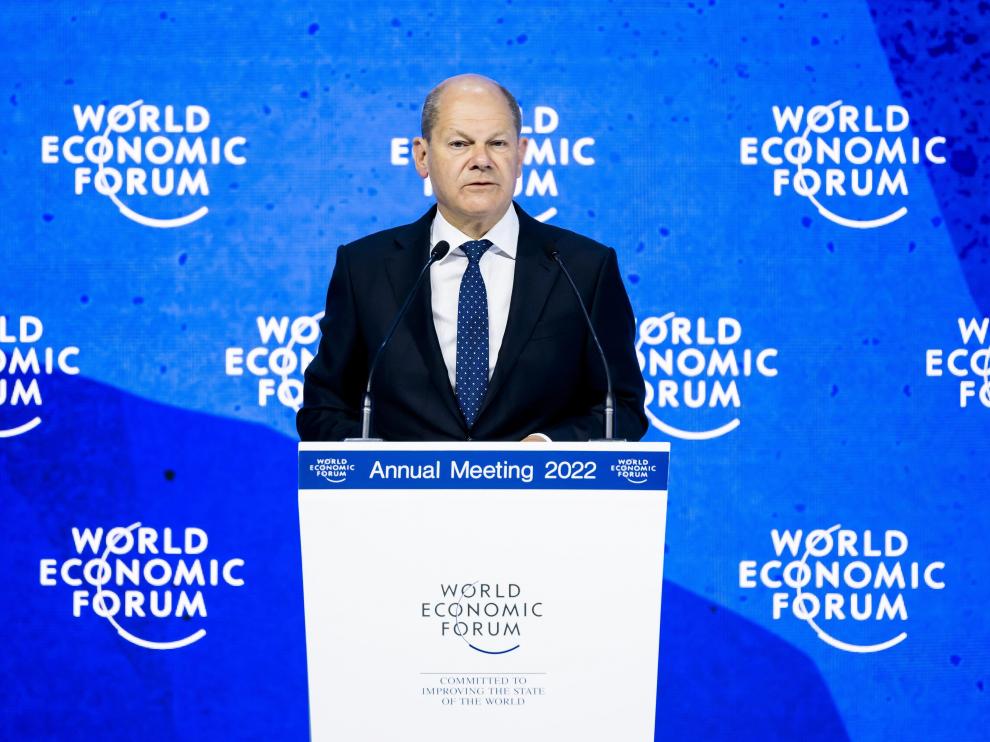 El canciller alemán, Olaf Scholz, este jueves durante su intervención en el foro de Davos.