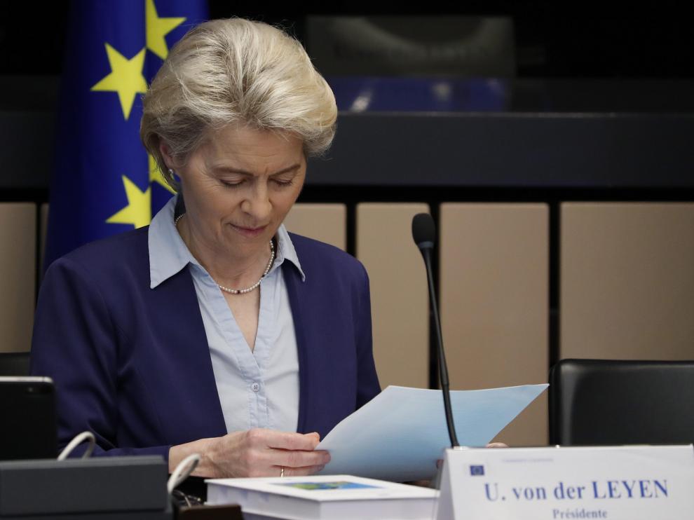 La presidenta de la Comisión Europea, Ursula Von der Leyen, este martes al inicio de la reunión celebrada en Bruselas.