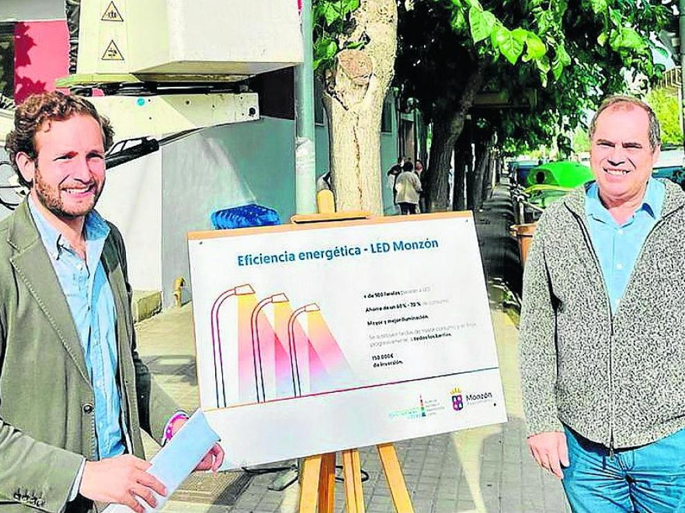 Isaac Claver y Salvador Sarrado, durante la presentación del plan de eficiencia energética en Monzón.