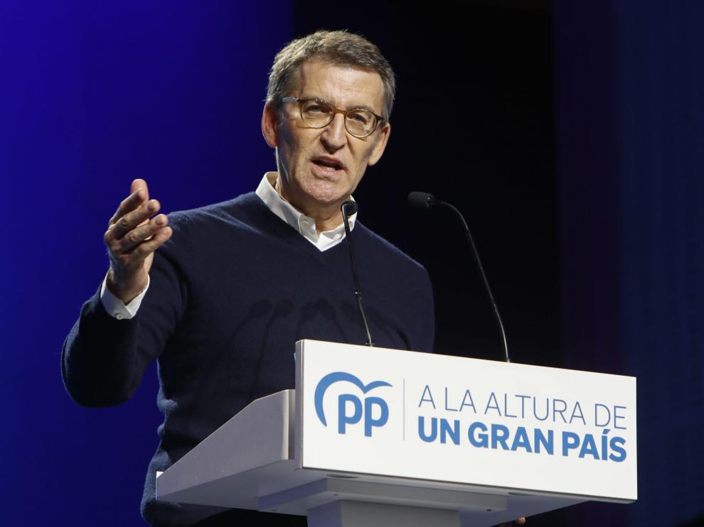 Alberto Núñez Feijóo, presidente del Partido Popular, durante la convención de este sábado en Zaragoza.