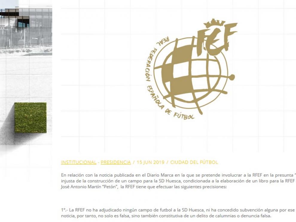 Contundente respuesta de la RFEF a la noticia de la supuesta adjudicación de un campo de fútbol al Huesca