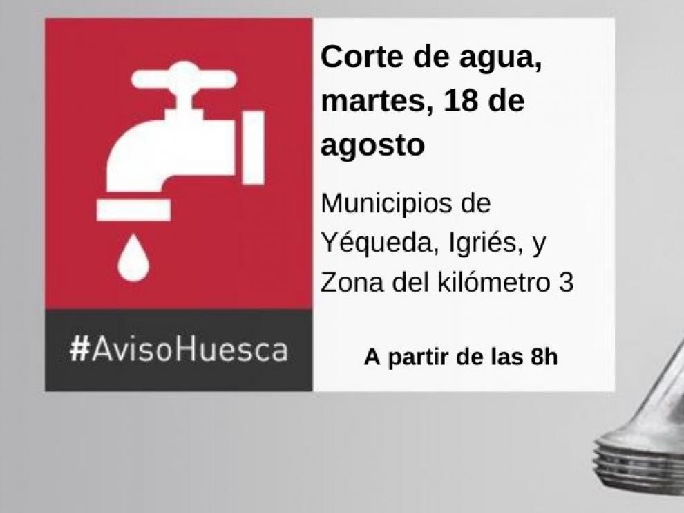 Un corte de agua afectará este martes a los municipios de Yéqueda, Igriés, y a la Zona del kilómetro 3