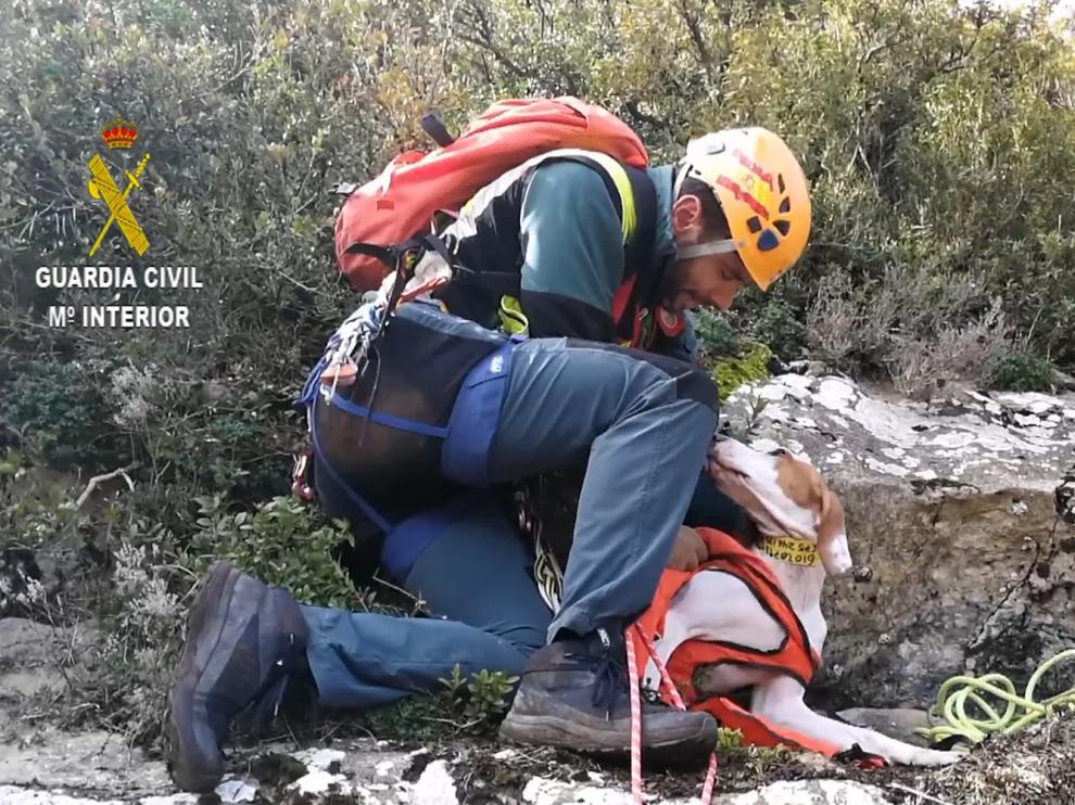 La Guardia Civil rescató al perro, en la zona de Belsué, aprovechando unas prácticas.
