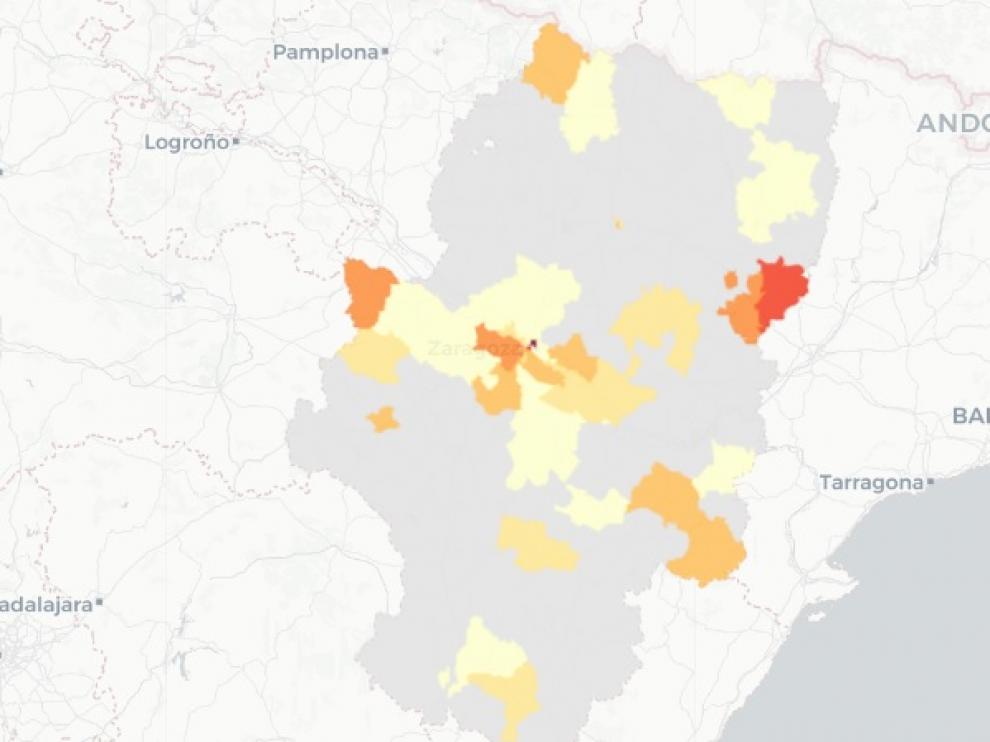 La zona más oscura del mapa abarca la zona de salud de Tamarite.
