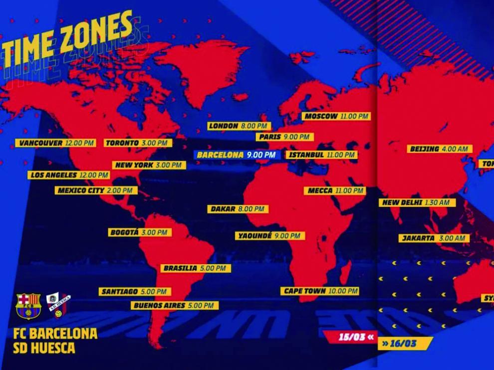 En este mapa se puede ver la dimensión mundial del partido que esta noche juega el Huesca en Barcelona.