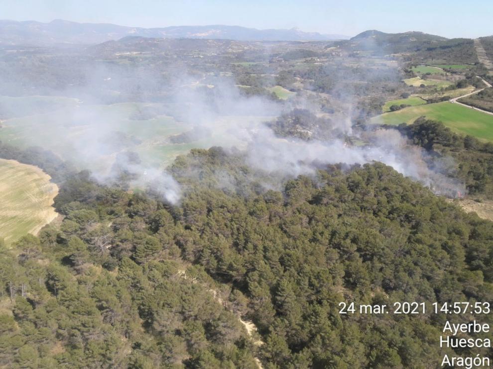 Zona afectada por el incendio este miércoles en Ayerbe.