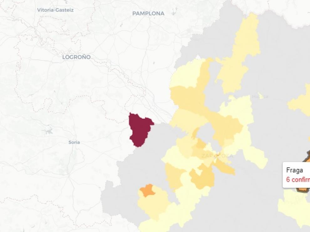 Mapa de nuevos contagios de covid publicado este domingo por el Gobierno de Aragón.
