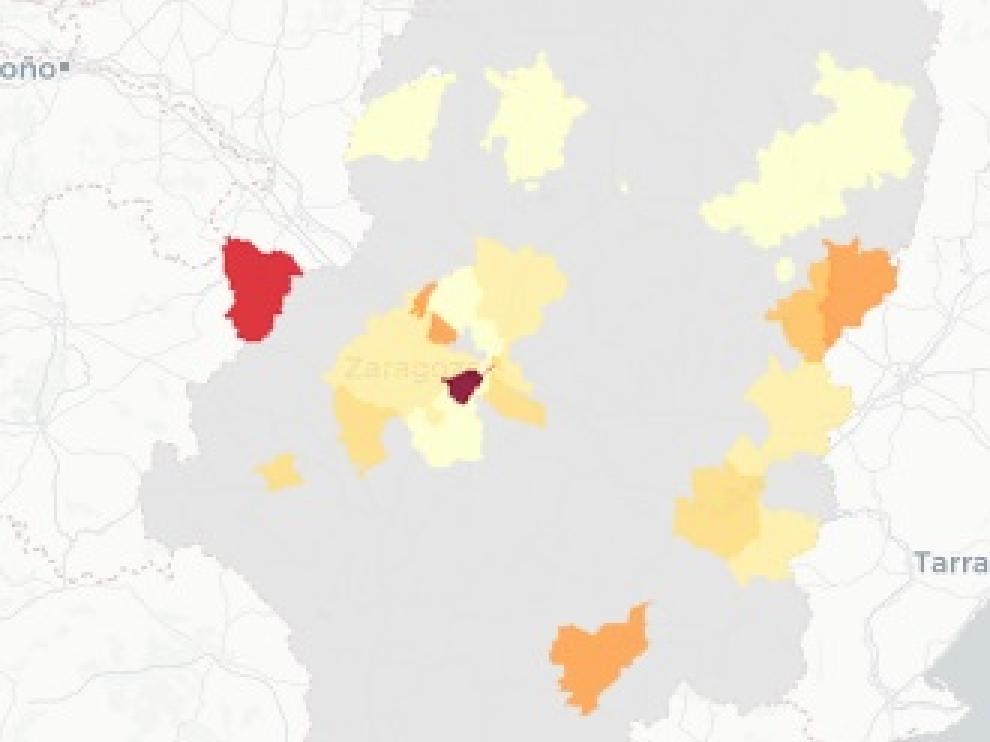 Mapa con los nuevos contagios de covid publicados este lunes por el Gobierno de Aragón