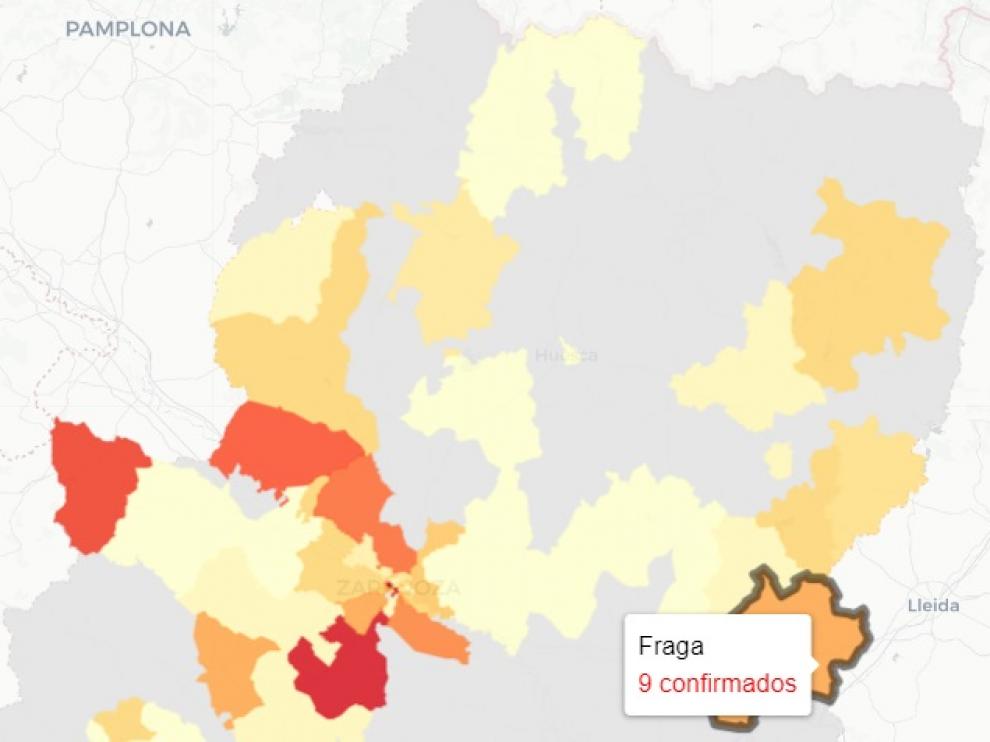 Mapa de los nuevos contagios de covid en Aragón publicado este miércoles por el Gobierno regional.