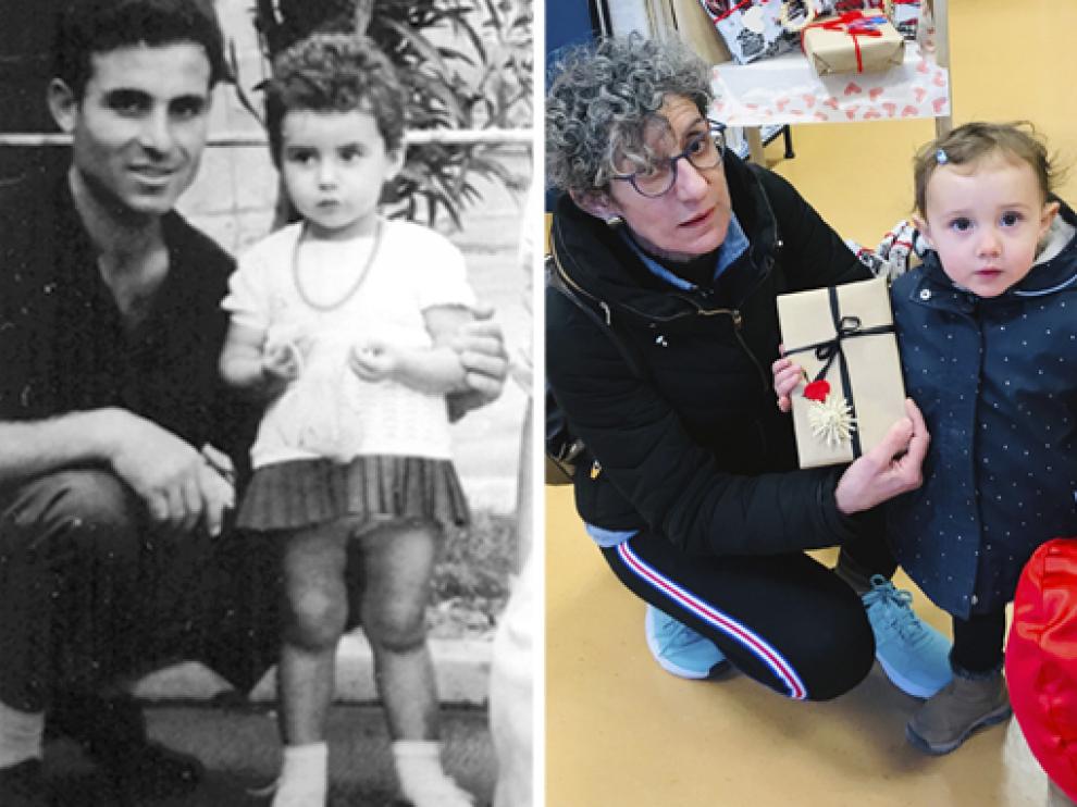 En la fotografía en blanco y negro, María Jesús Ullod Borruel cuando era niña, con su padre y en la imagen de color, María Jesús Ullod posa con su nieta.