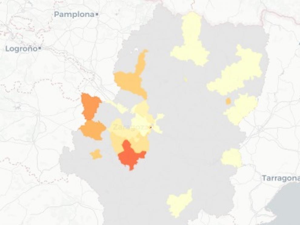 Mapa de nuevos contagios de covid en Aragón, notificados este lunes