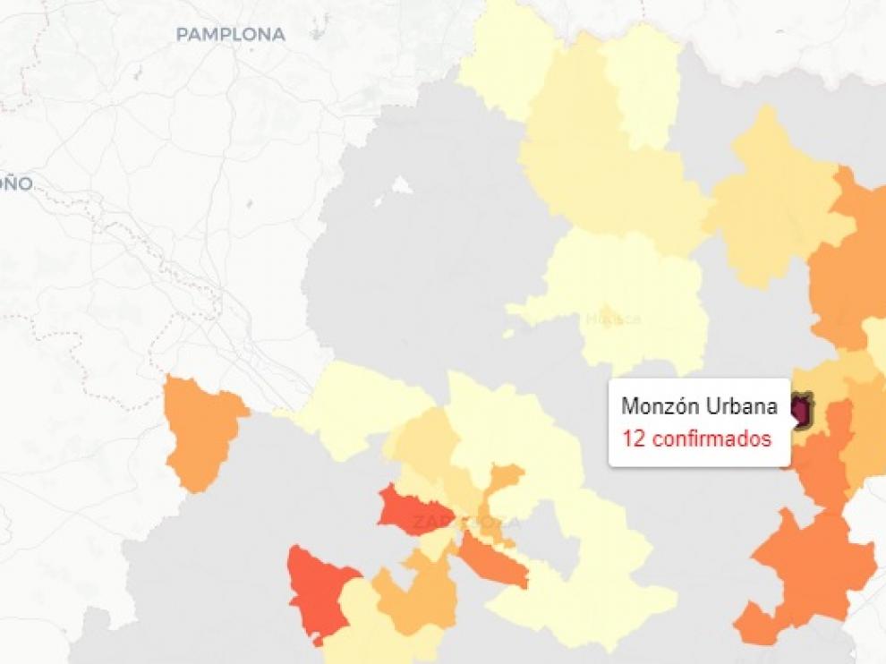 Mapa con los nuevos contagios de covid en Aragón, publicado este martes 13 de abril