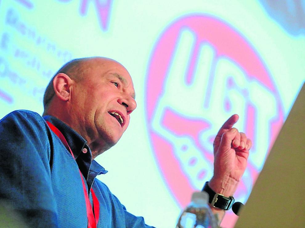 Daniel Alastuey, interviene tras ser reelegido secretario general de UGT-Aragón.