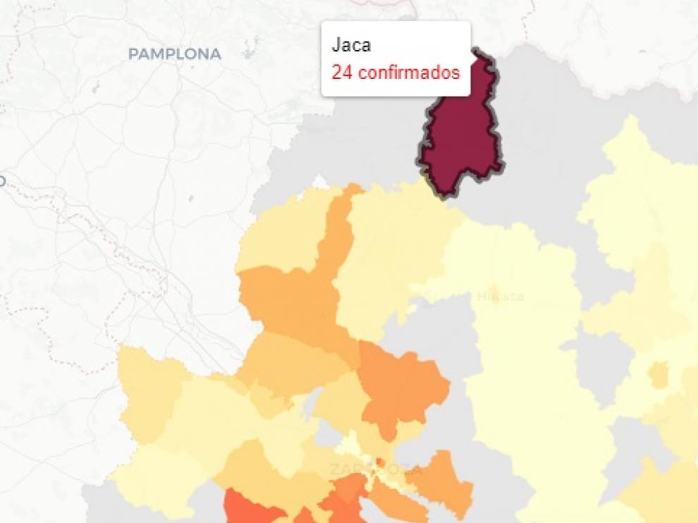 Mapa publicado este viernes con las zonas aragonesas afectadas por nuevos contagios de covid-19