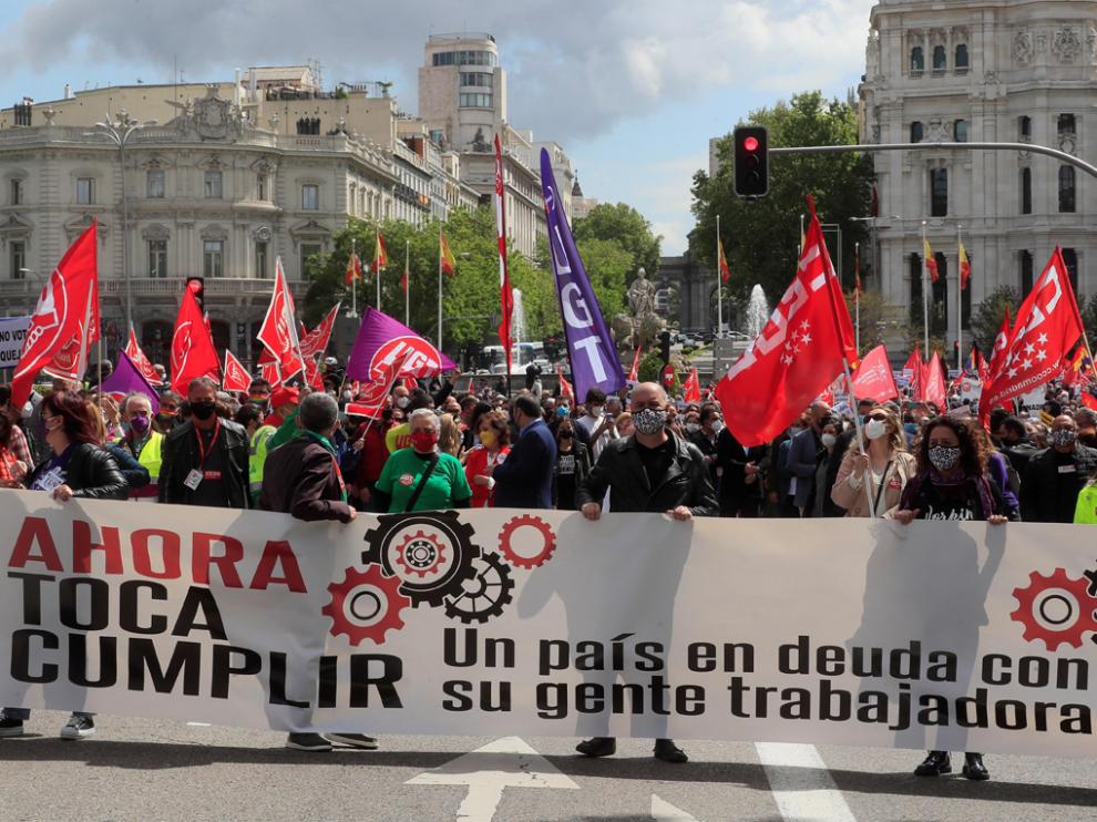 Cabecera de la manifestación del Primero de Mayo celebrada el sábado en Madrid.