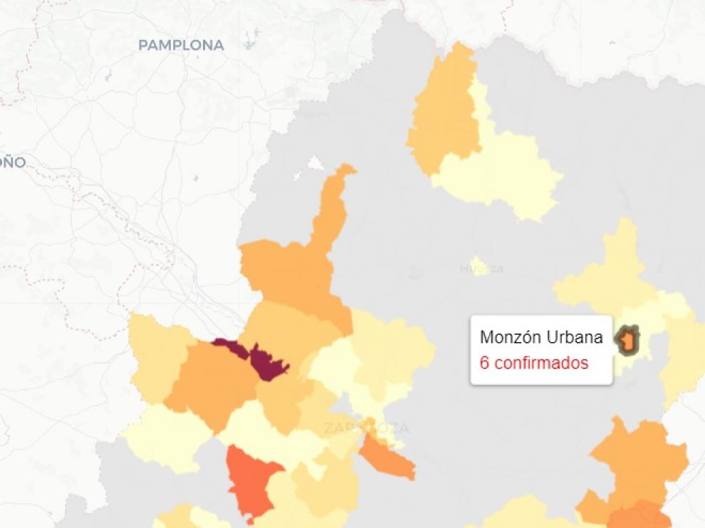 Mapa con los nuevos casos covid en Aragón, publicado este martes