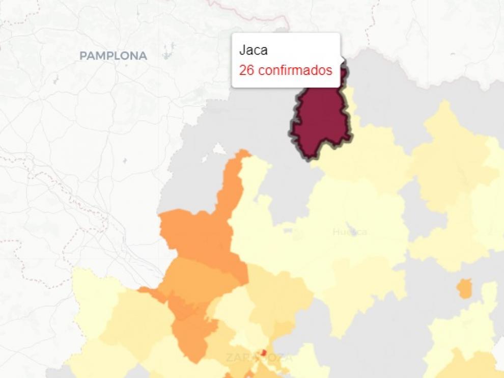 Mapa con los nuevos contagios covid publicado este miércoles por el Gobierno de Aragón.