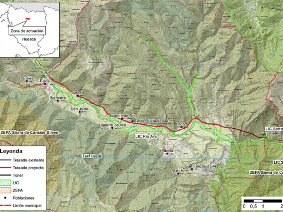 imagen del mapa del proyecto de acondicionamiento N-260 en Sobrarbe según la declaración de impacto - BOE 16-04-21