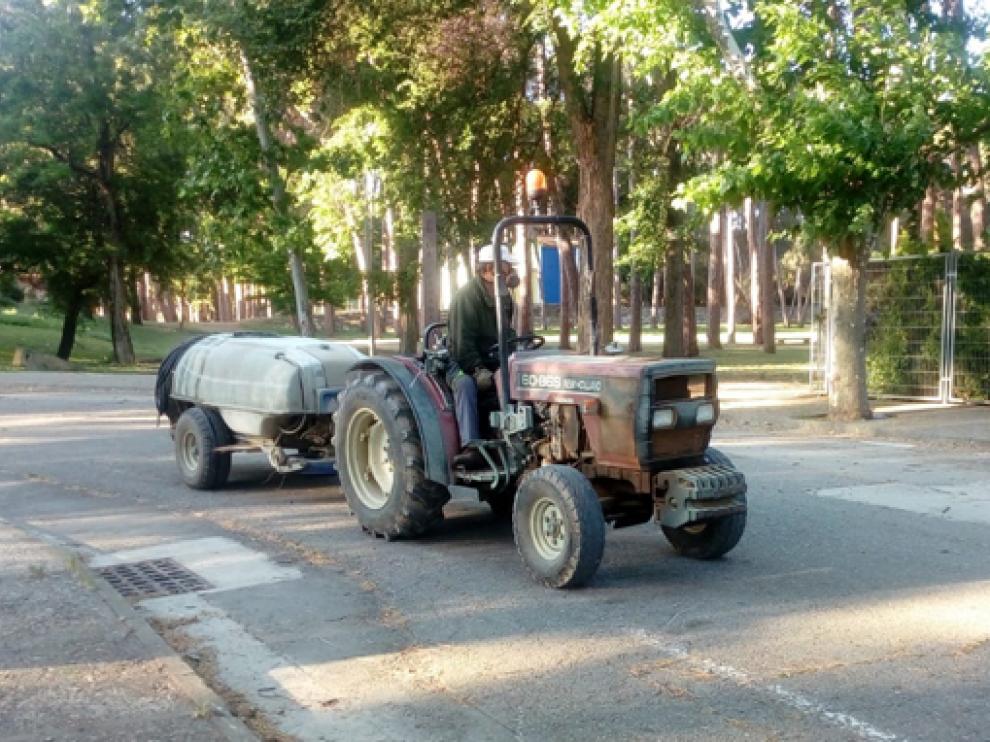 Operarios del Ayuntamiento de Fraga realizando las labores de tratamiento anitmosquitos