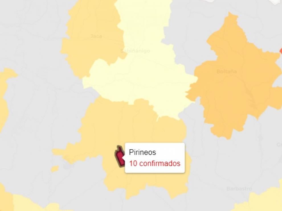 Mapa de nuevos contagios de covid en Aragón, con el centro de salud Pirineos destacado por malos datos
