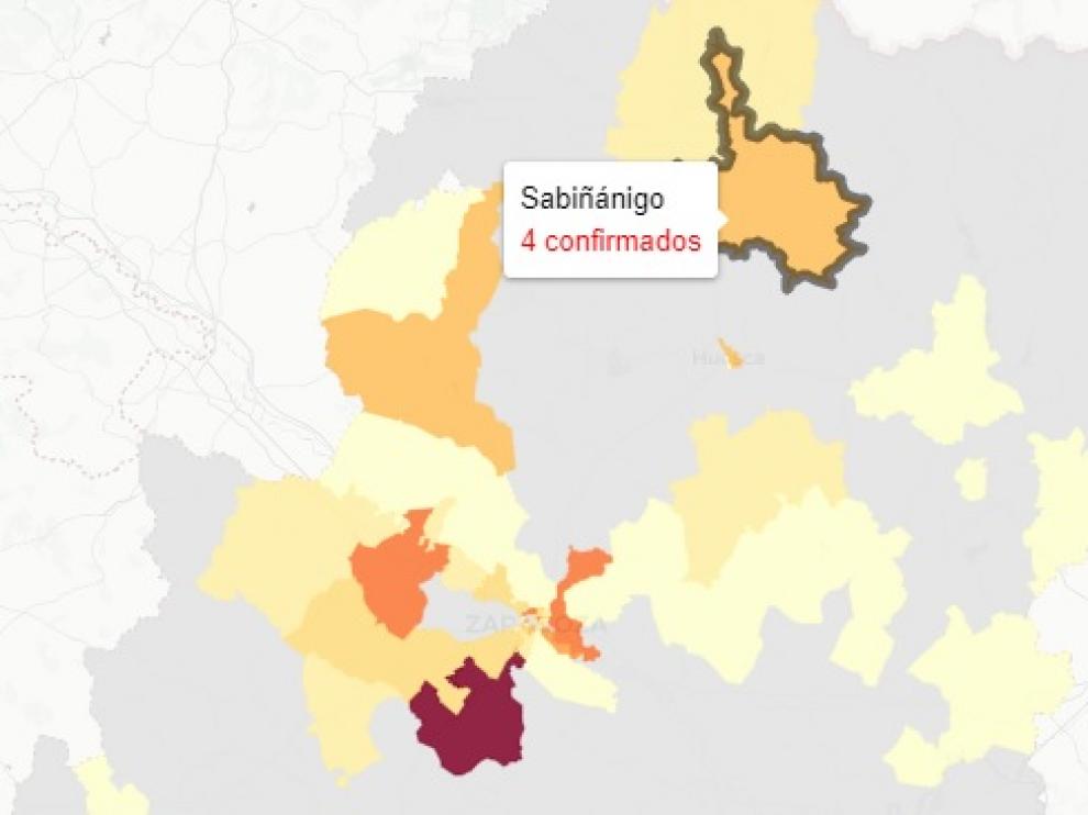 Mapa de nuevos casos de covid en Aragón, publicado este jueves