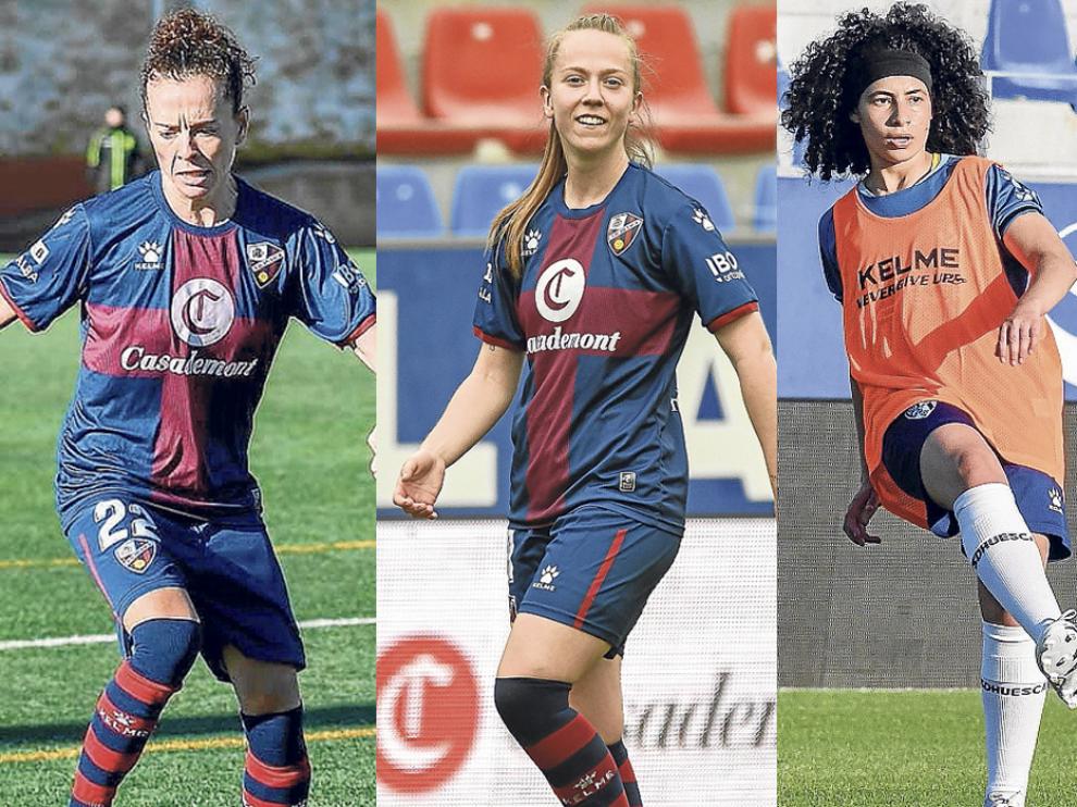 Nuria Mallada, Julia Sanz y Vanesa Ramírez, jugadoras de la SD Huesca Femenino.