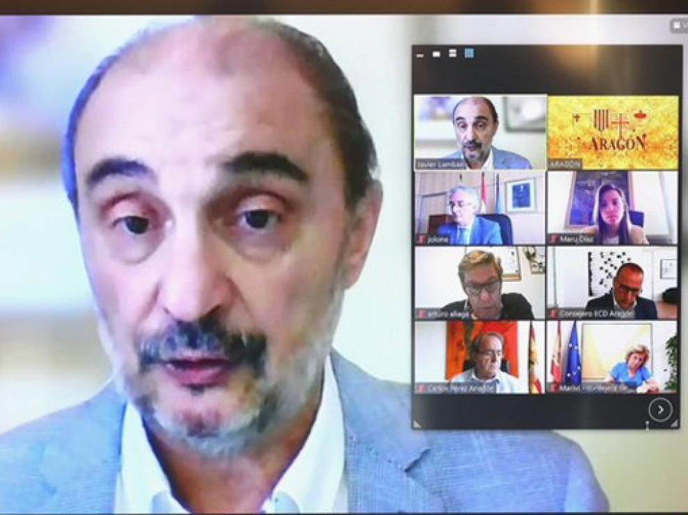 Javier Lambán, presidiendo el consejo telemático del Gobierno de Aragón