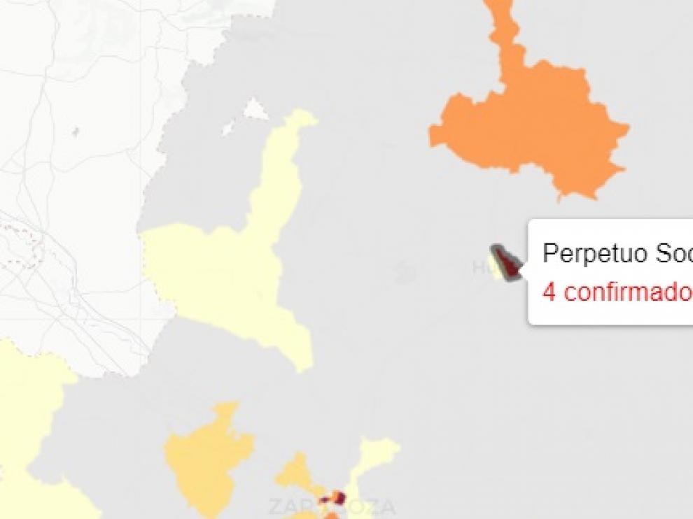 Mapa de nuevos casos de covid publicado este sábado por el Gobierno de Aragón.