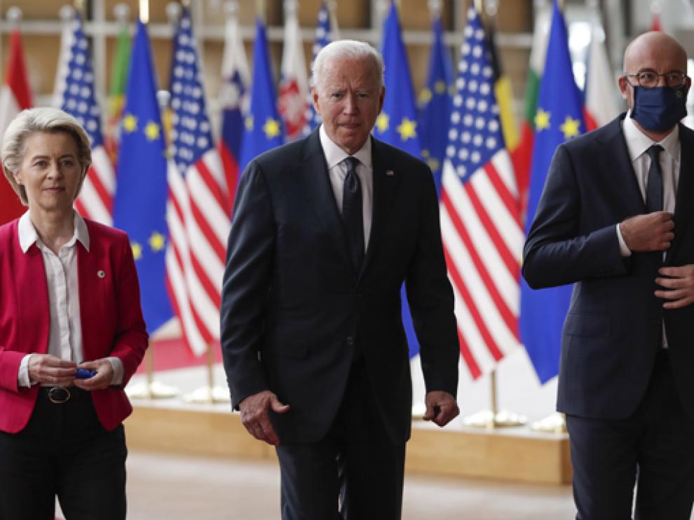 Biden, ayer en Bruselas junto a Ursula von der Leyen y Charles Michel.