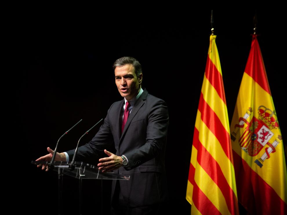 El presidente Sánchez durante su conferencia en el Liceu de Barcelona