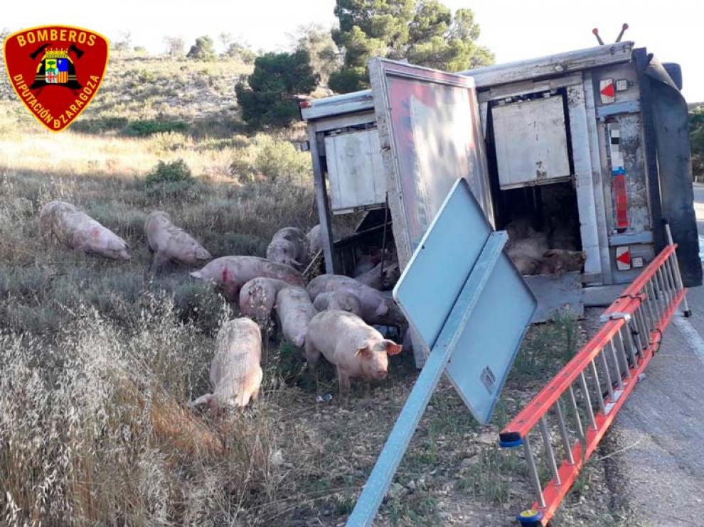 Estado en el que quedó el camión de cerdos