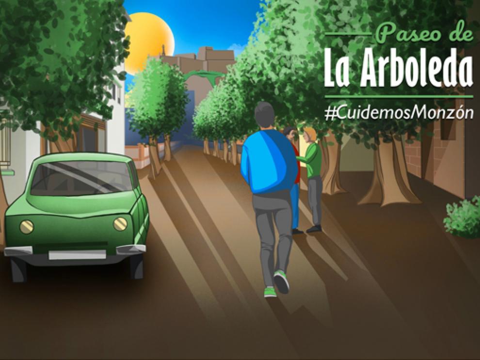 Imagen del mural realizado por Aleix Vila con una mirada al pasado del paseo de la Arboleda, de Monzón.