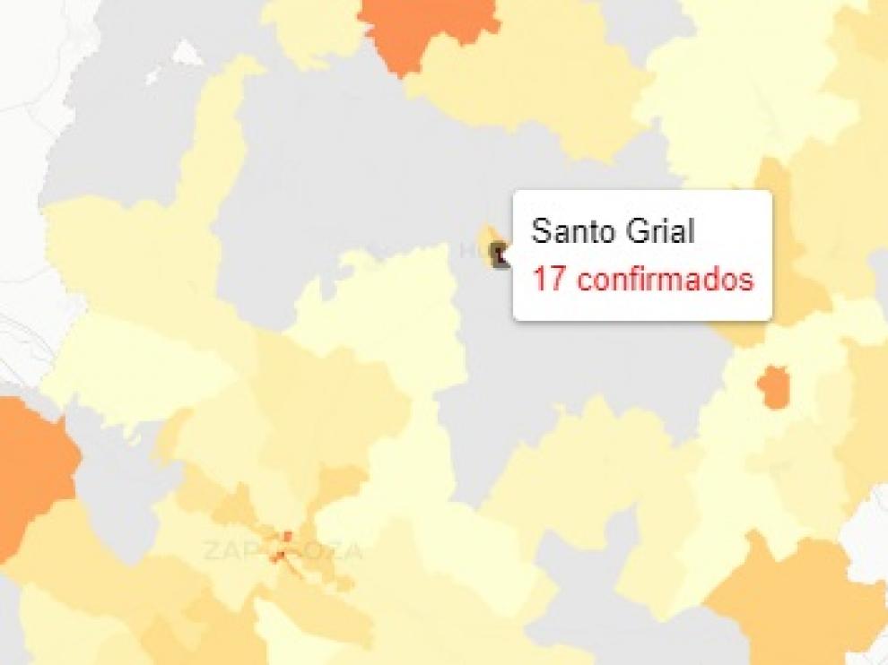 Mapa de nuevos contagios de covid publicado este lunes por el Gobierno aragonés.