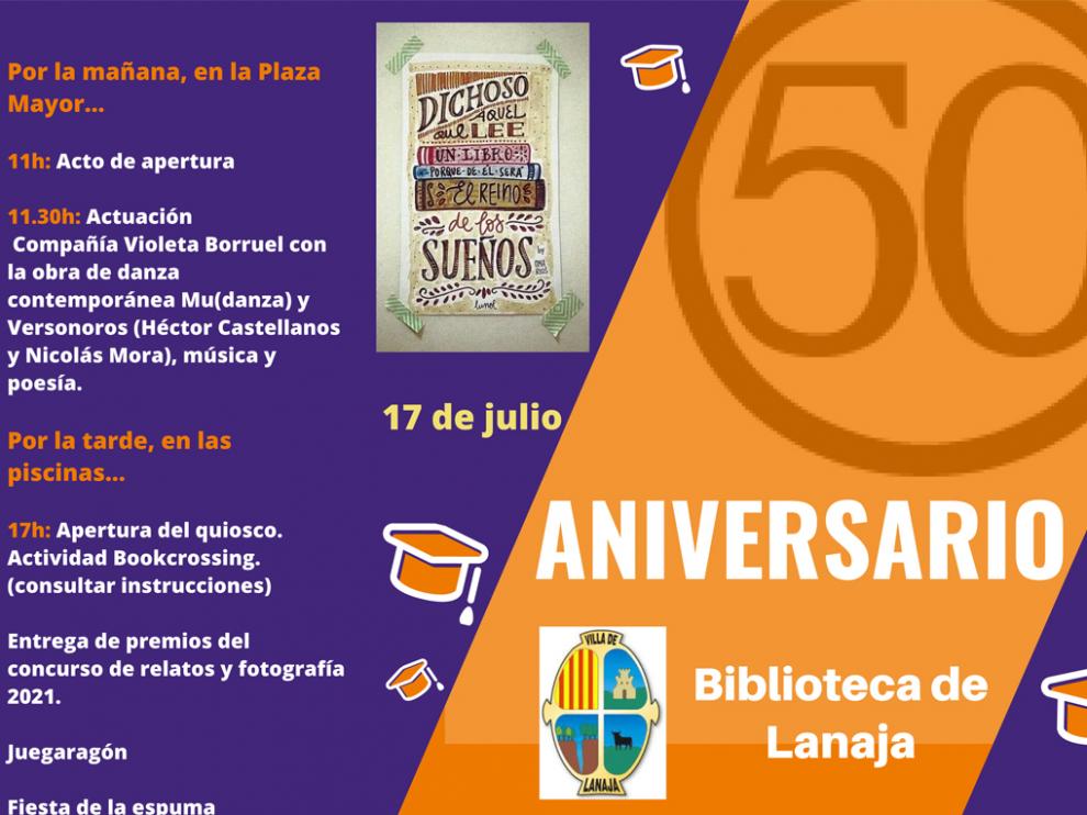Cartel del aniversario de la biblioteca municipal de Lanaja