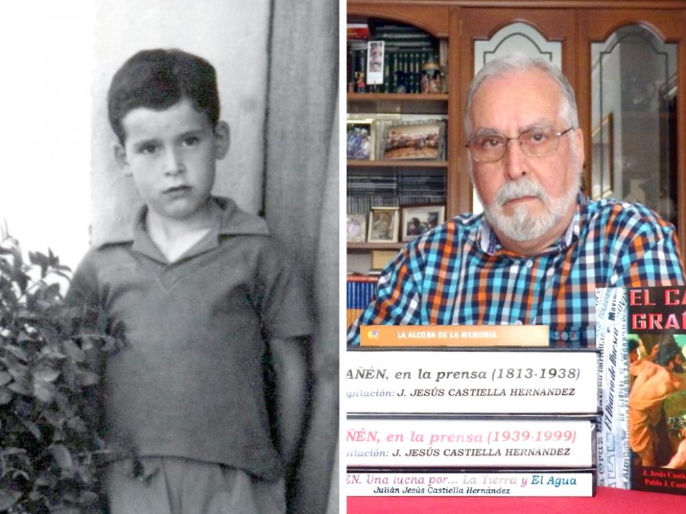 Jesús Castiella cuando era niño, en Grañén y en la actualidad posando con algunos de sus trabajos