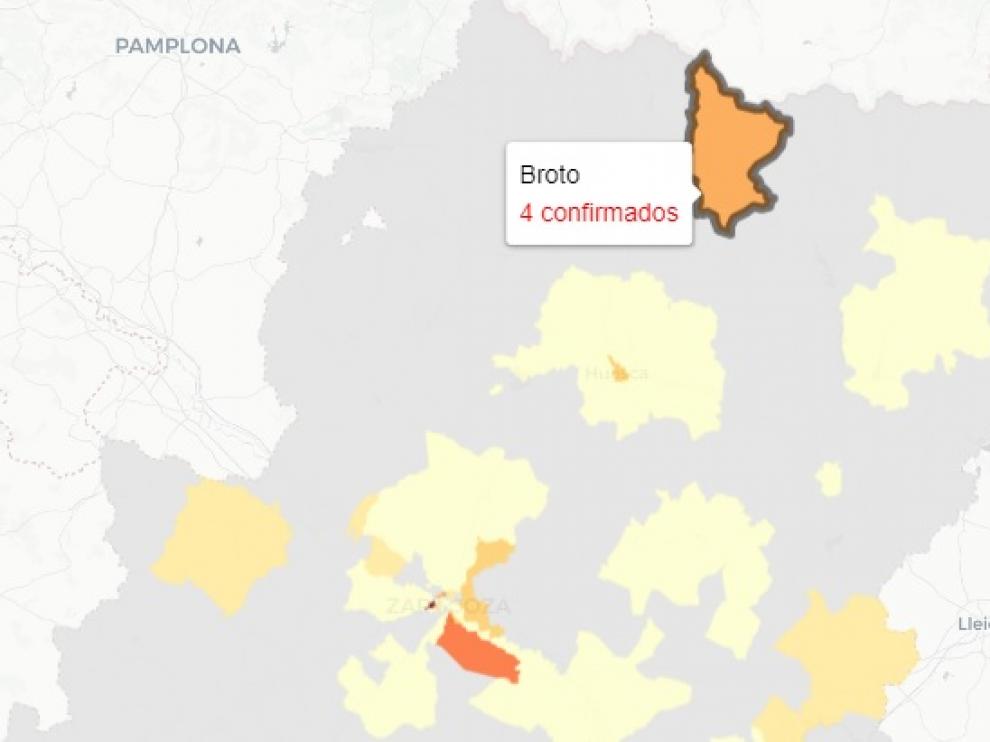 Mapa de nuevos contagios publicado este martes por el Gobierno de Aragón.