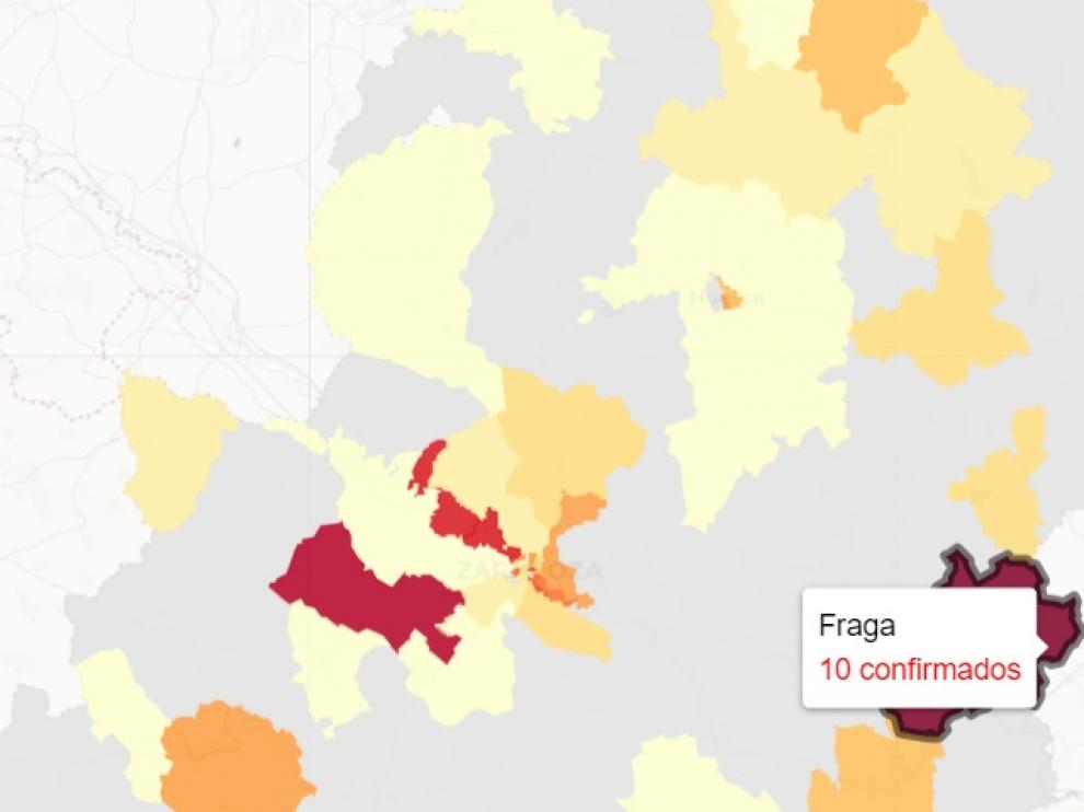 Mapa de nuevos contagios de covid, donde destaca la zona de salud de Fraga